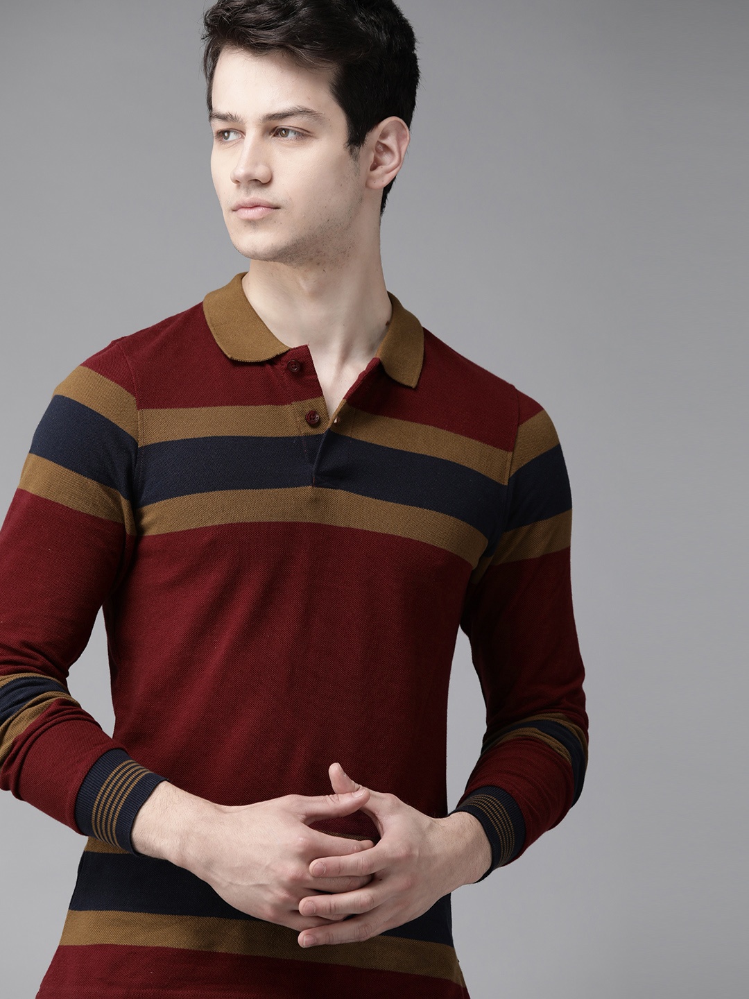 

Roadster Men Maroon & Navy Blue Striped Pure Cotton Polo Collar T-shirt