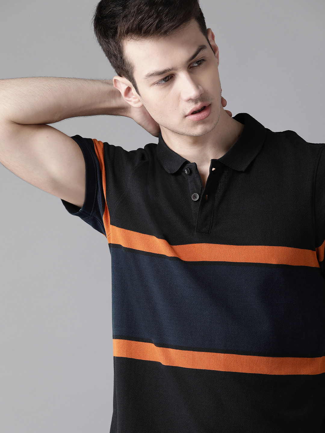 

Roadster Men Black Striped Polo Collar T-shirt