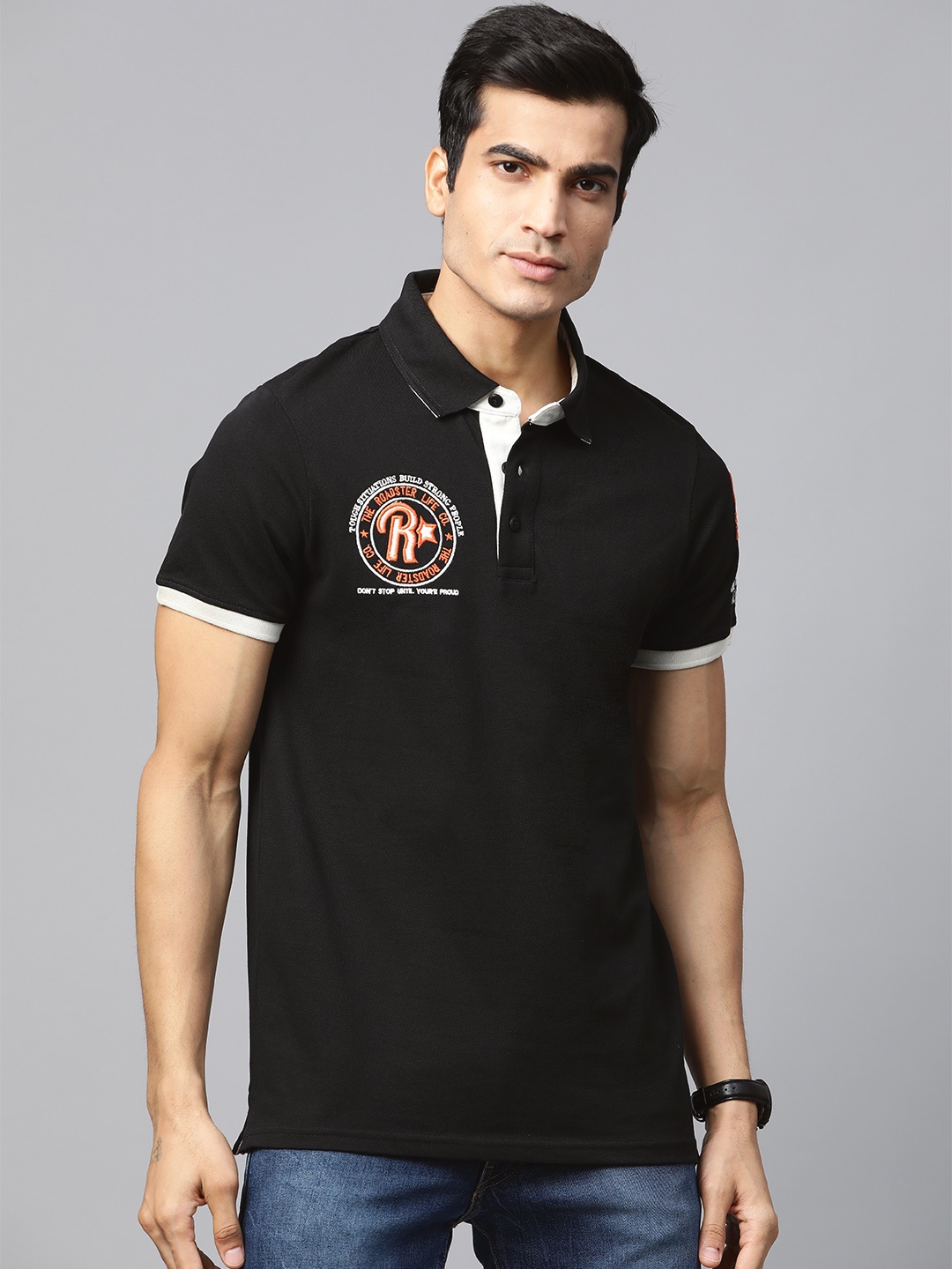 

Roadster Men Black Solid Polo Collar T-shirt