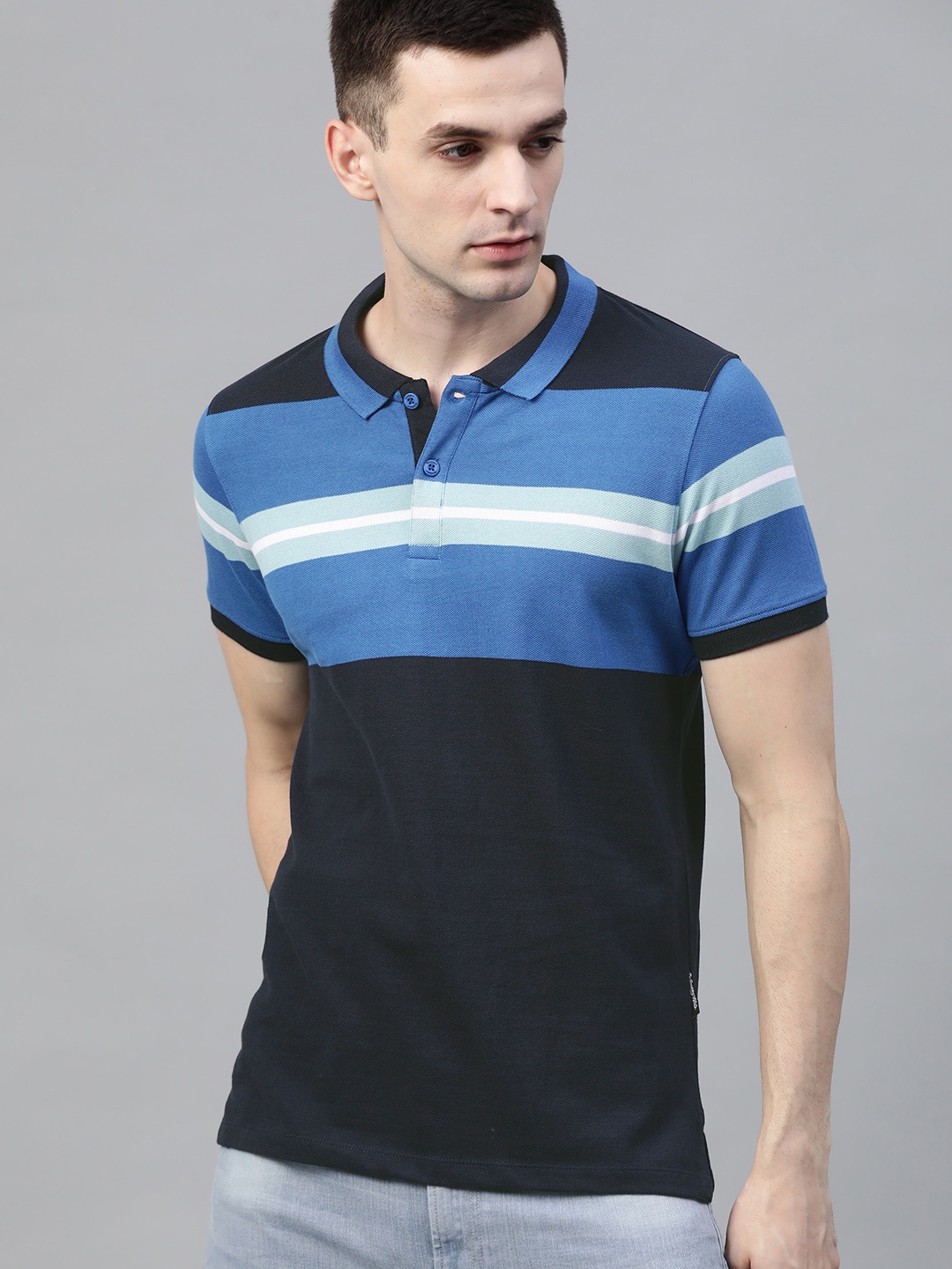 

Roadster Men Blue Striped Polo Collar Pure Cotton T-shirt
