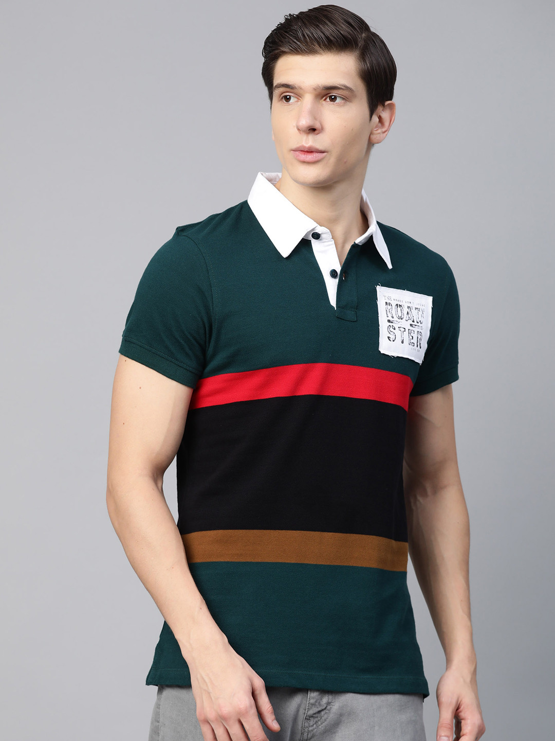 

Roadster Men Teal Green Black Striped Polo Collar Pure Cotton T-shirt