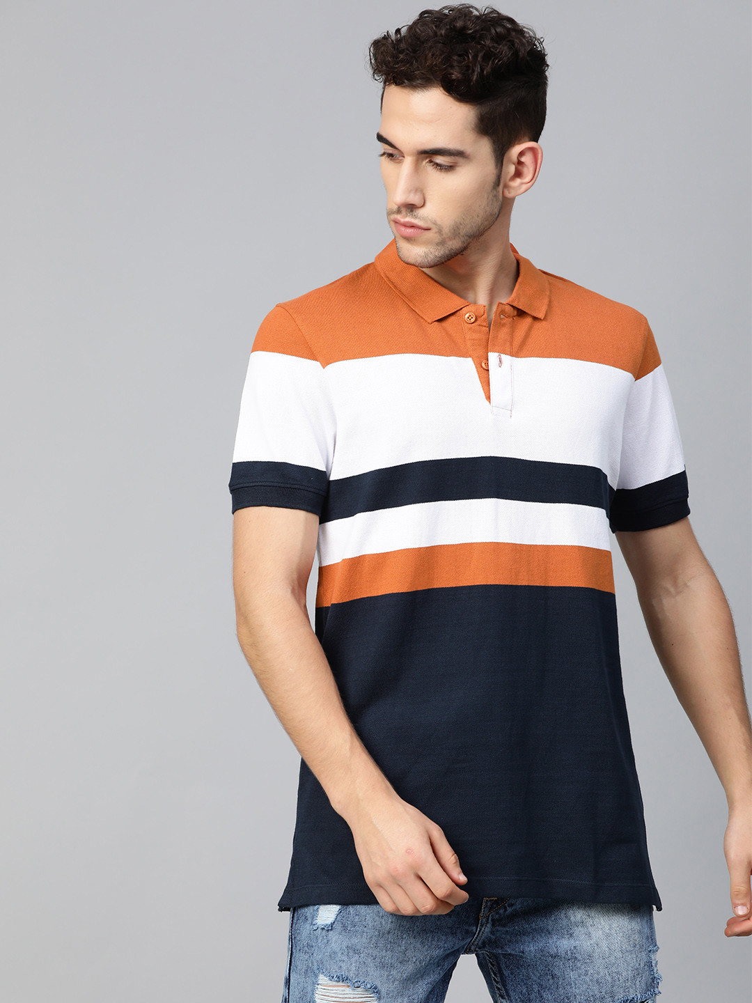 

Roadster Men Navy Blue White Striped Polo Collar Pure Cotton T-shirt