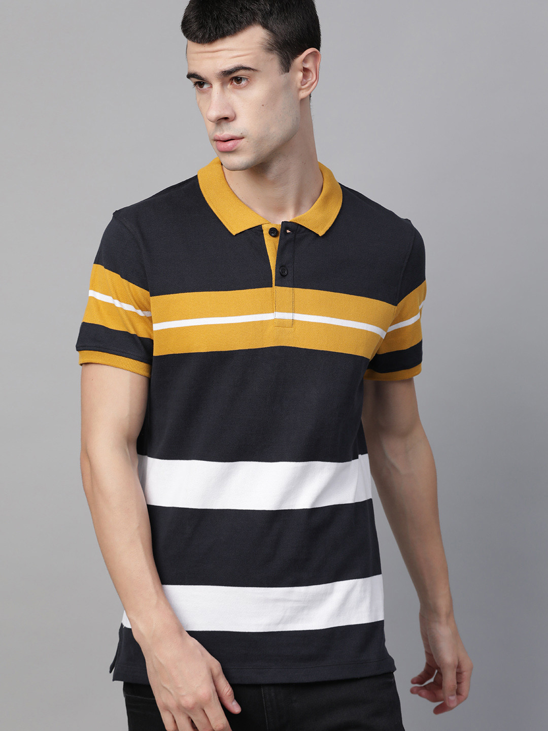 

Roadster Men Navy Blue & Mustard Yellow Striped Polo Collar T-shirt