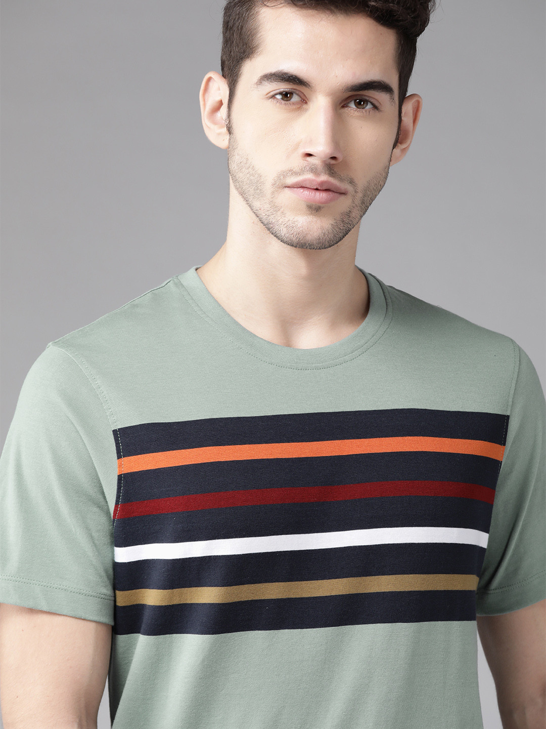 

Roadster Men Green & Navy Blue Striped Round Neck T-shirt