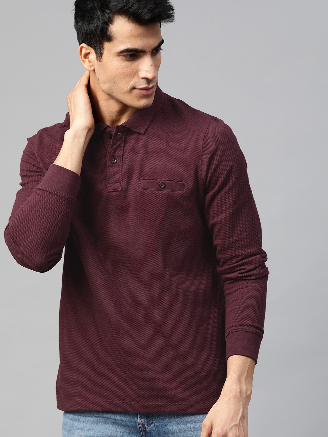 

Roadster Men Maroon Self Design Polo Collar Pure Cotton T-shirt