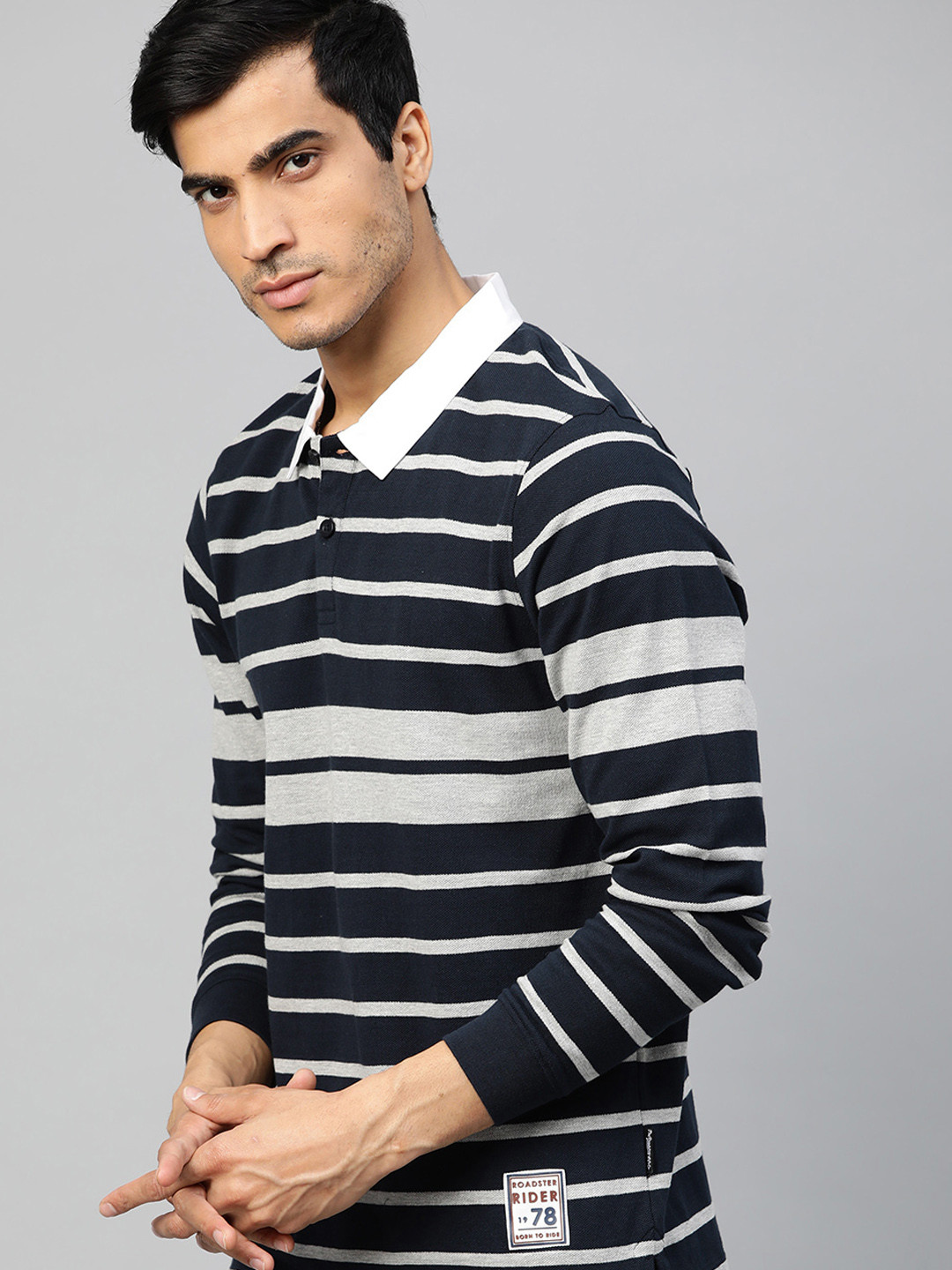 

Roadster Men Navy Blue Grey Melange Striped Polo Collar Pure Cotton T-shirt