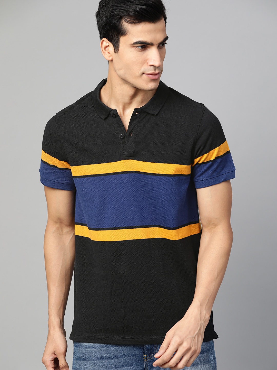 

Roadster Men Black Blue Colourblocked Polo Collar Pure Cotton T-shirt