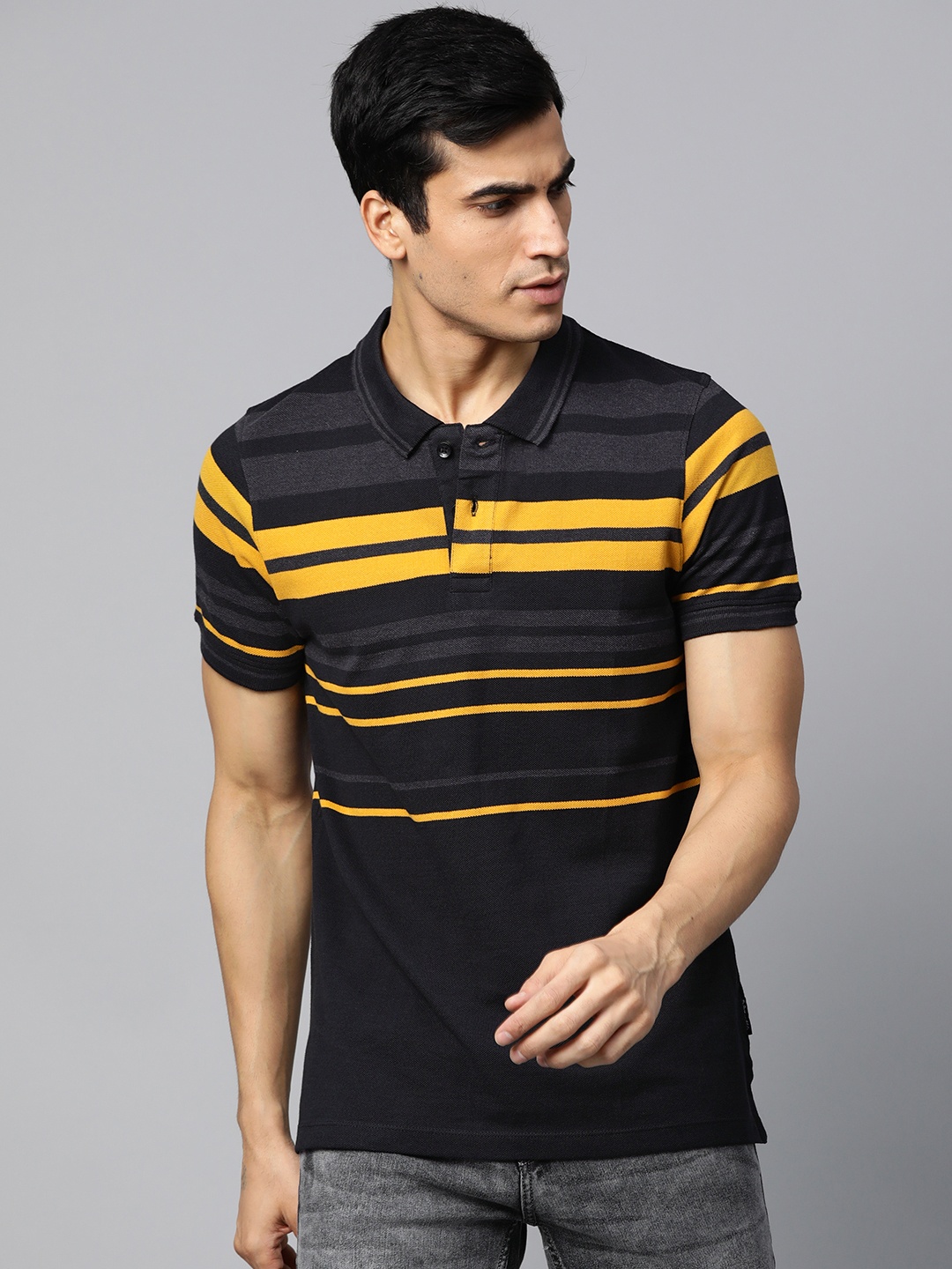 

Roadster Men Black & Mustard Yellow Striped Polo Collar T-shirt