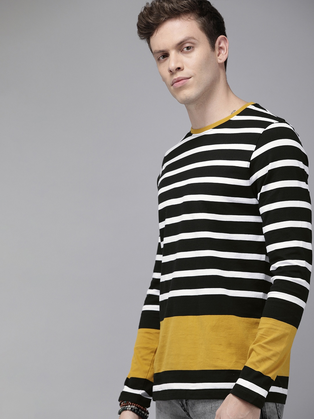 

Roadster Men Black White Striped Round Neck Pure Cotton T-shirt