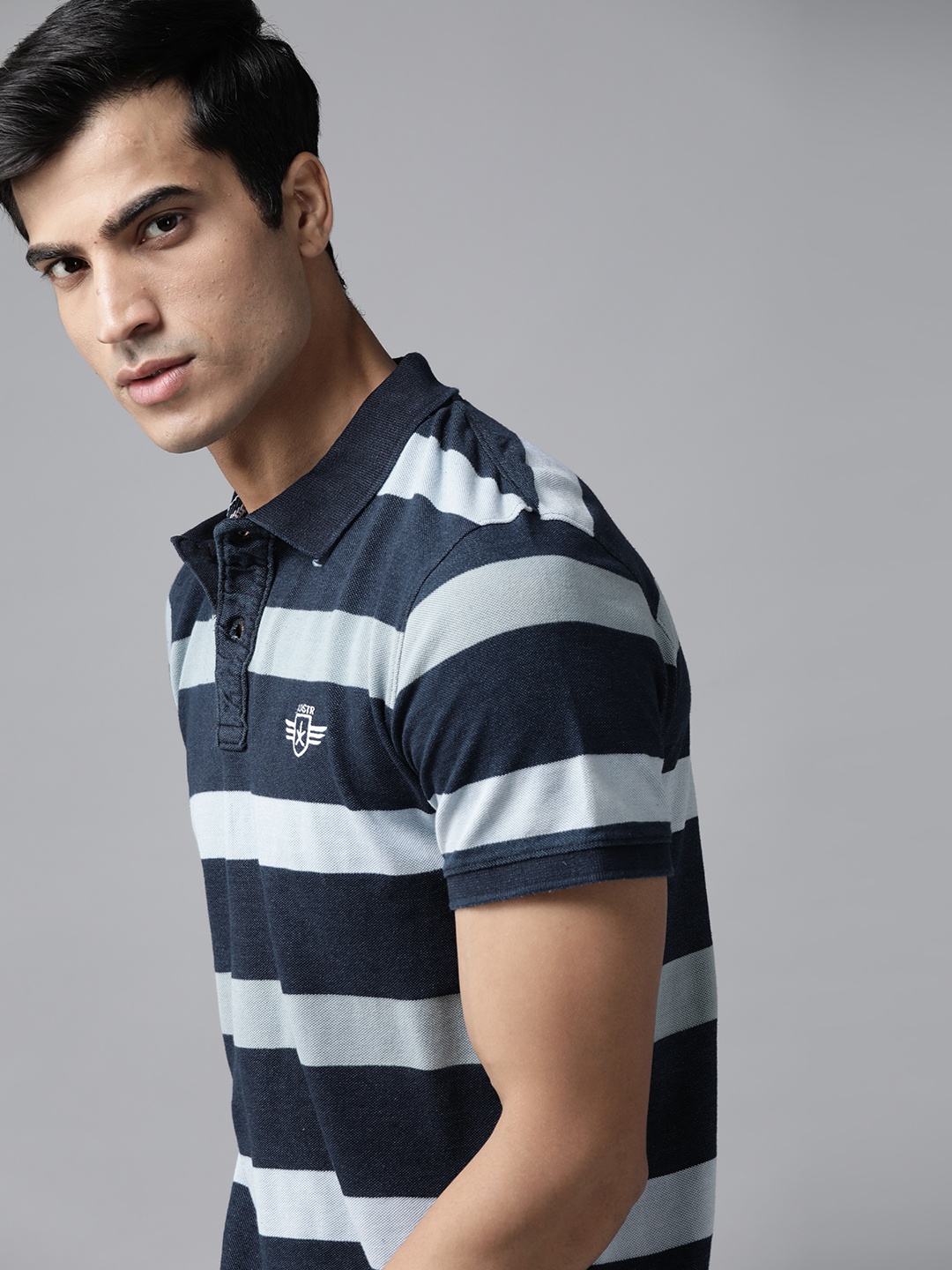 

Roadster Men Navy Blue Striped Polo Collar T-shirt