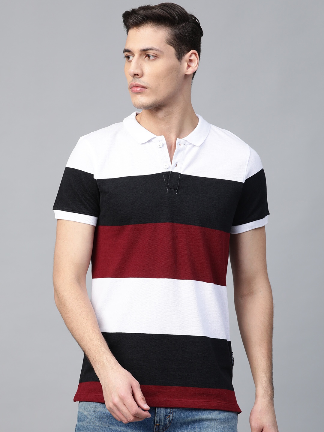 

Roadster Men Black & White Striped Polo Collar T-shirt