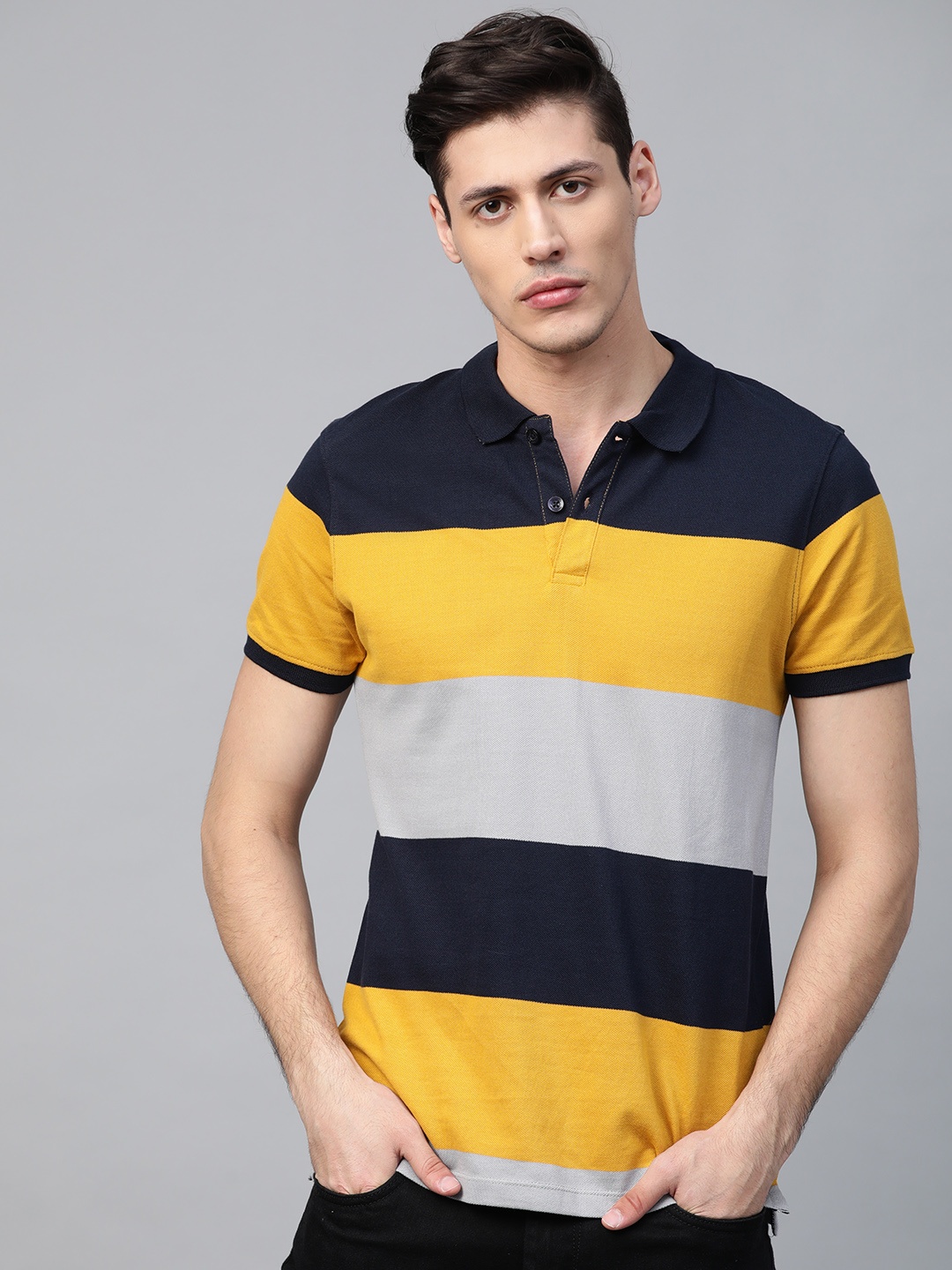 

Roadster Men Grey Melange & Mustard Yellow Striped Polo Collar T-shirt