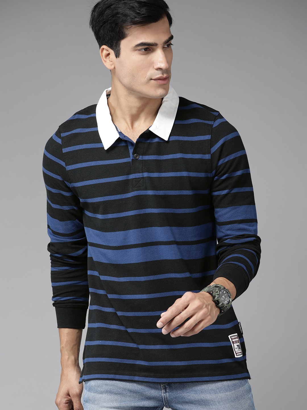 

Roadster Men Black & Blue Striped Cotton Polo Collar T-shirt