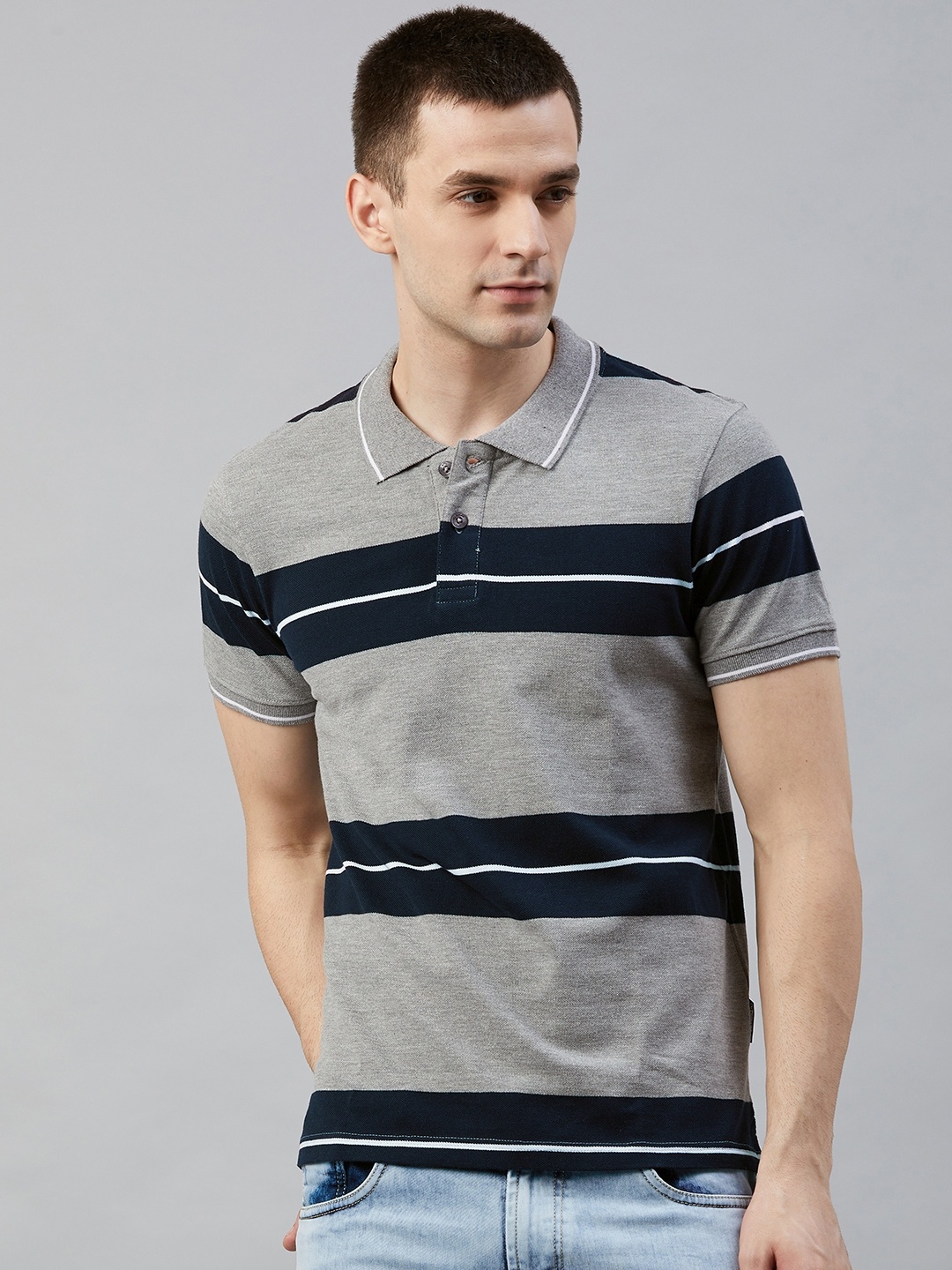 

Roadster Men Grey Melange & Navy Blue Striped Polo Collar T-shirt