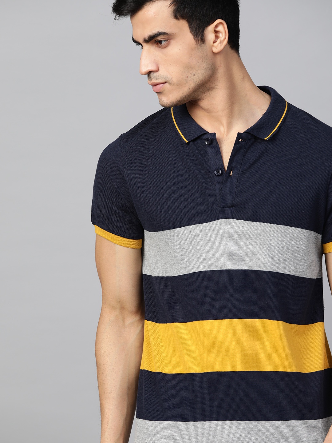 

Roadster Men Navy Blue & Grey Melange Striped Polo Collar T-shirt