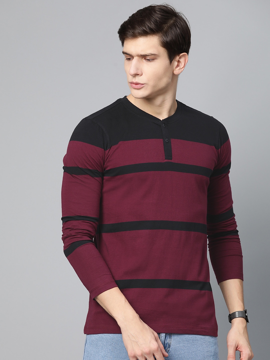 

Roadster Men Maroon Black Striped Henley Neck Pure Cotton T-shirt