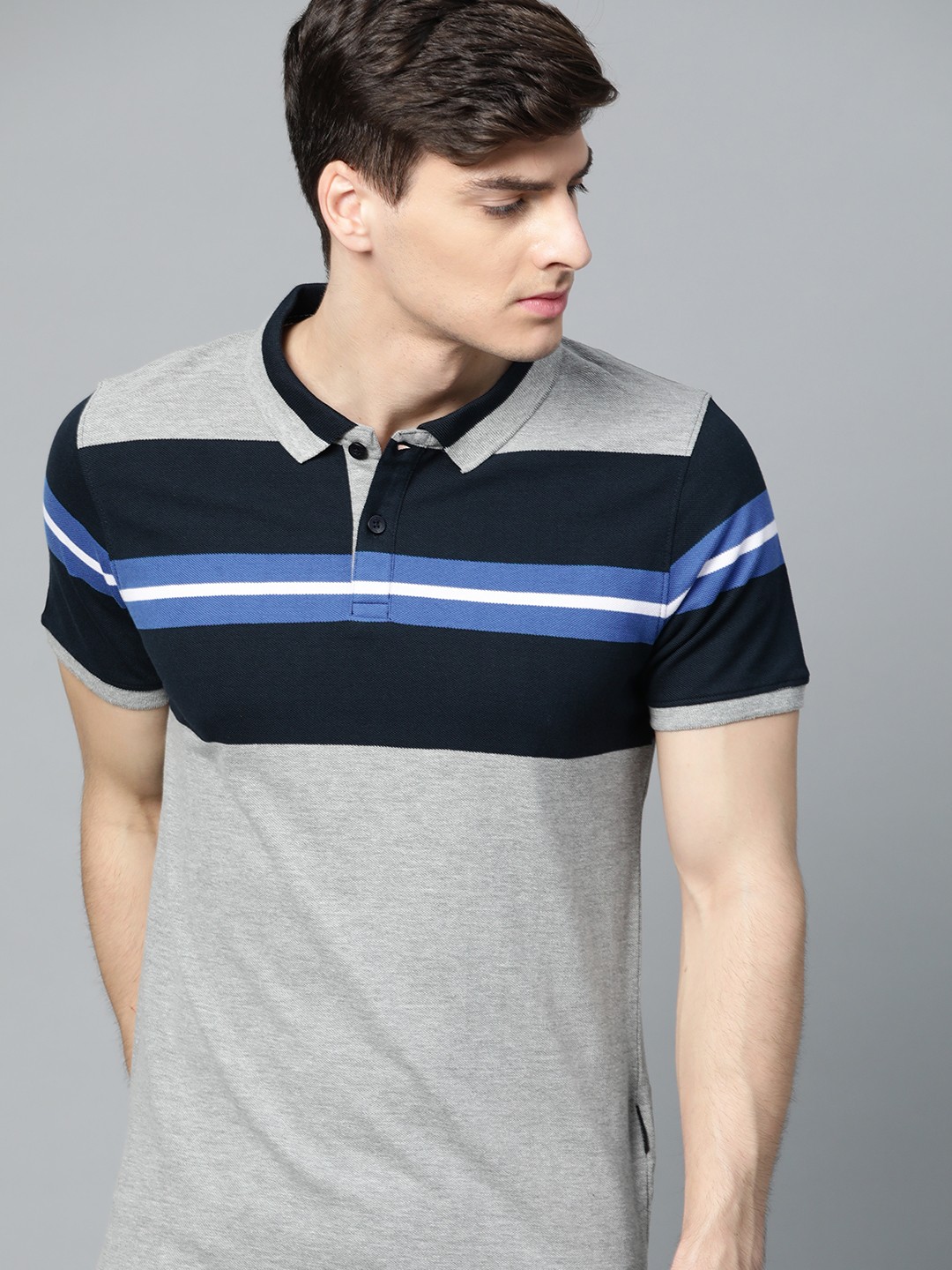 

Roadster Men Grey Melange & Blue Striped Polo Collar T-shirt