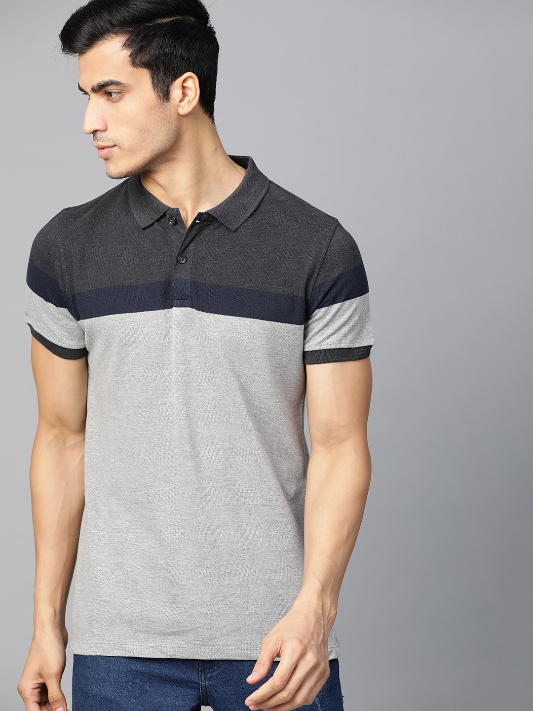 

Roadster Men Grey Melange & Charcoal Grey Colourblocked Polo Collar T-shirt