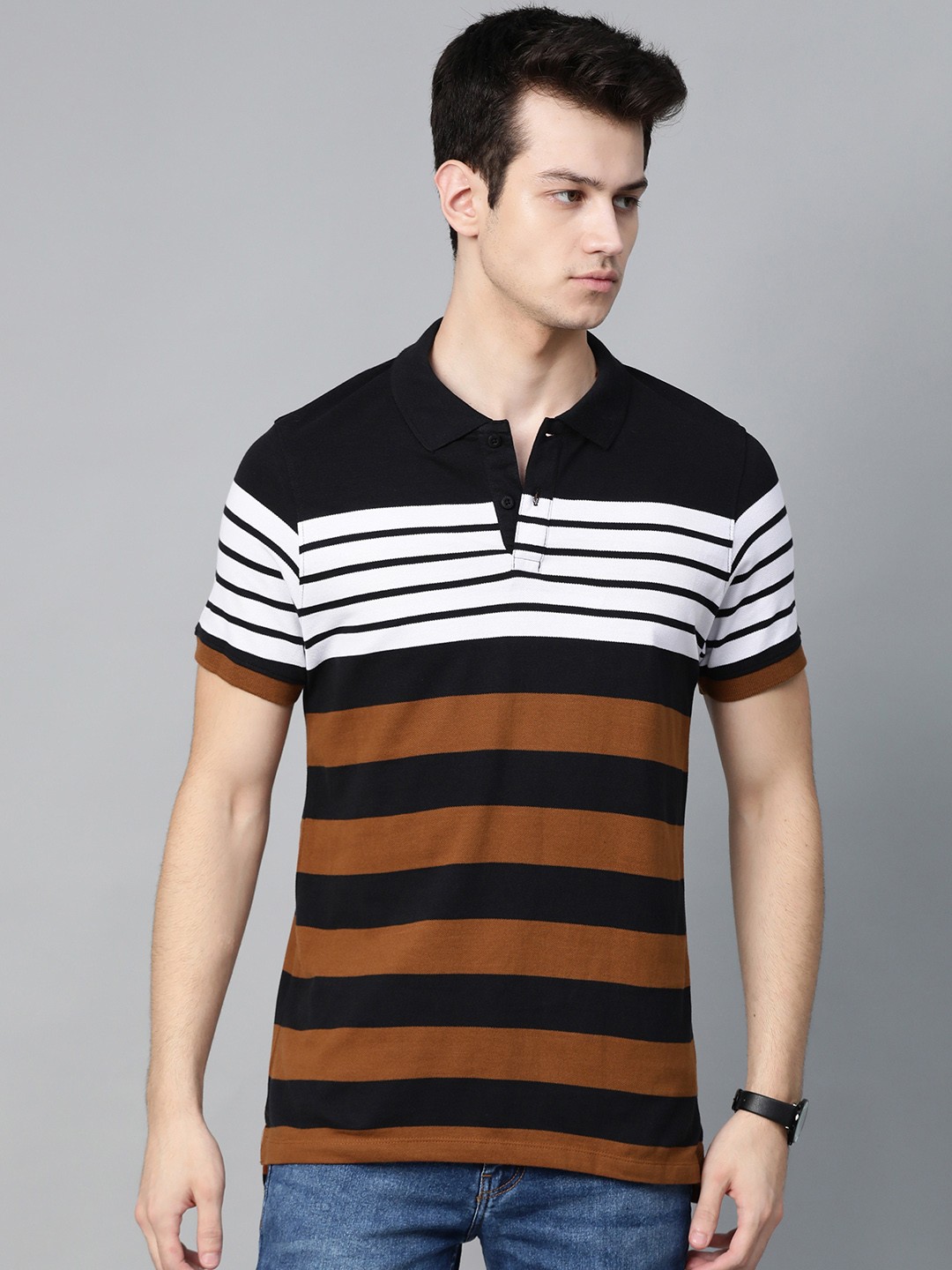 

Roadster Men Black Brown Striped Polo Collar Pure Cotton T-shirt
