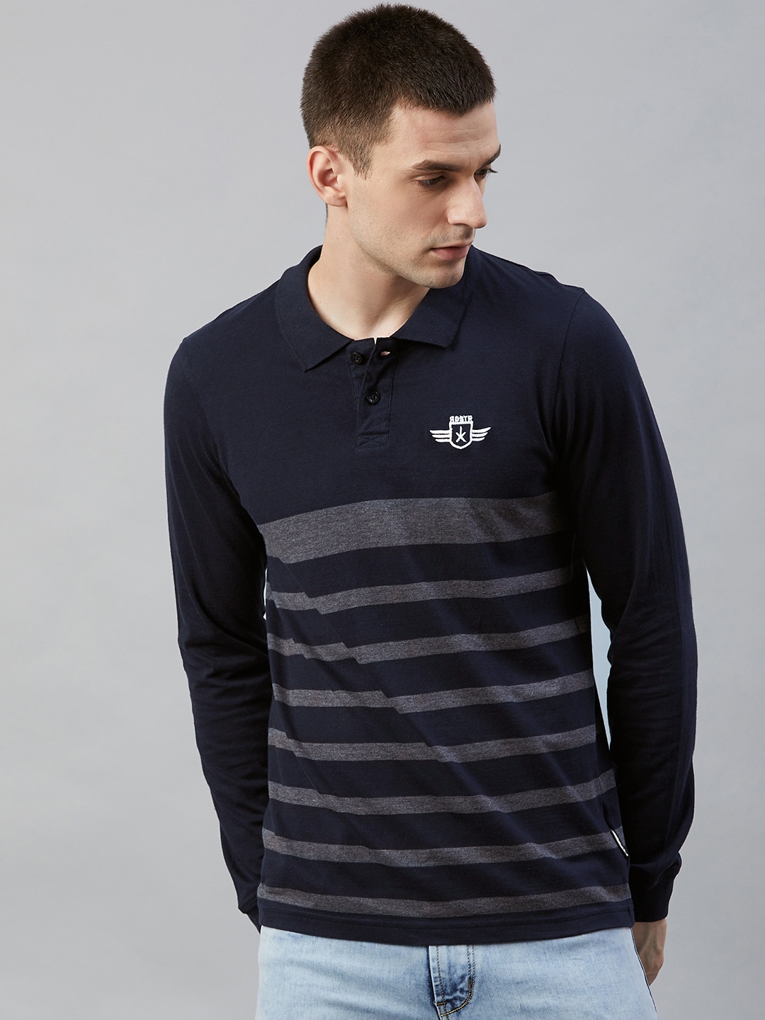 

Roadster Men Navy Blue & Charcoal Grey Striped Polo Collar T-shirt