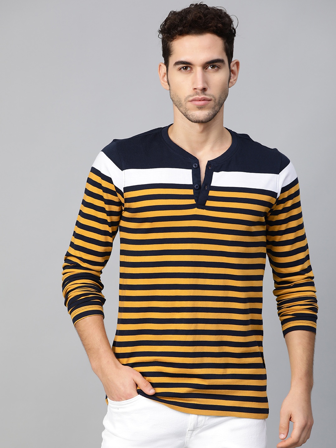 

Roadster Men Navy Blue & Mustard Yellow Striped Henley Neck T-shirt