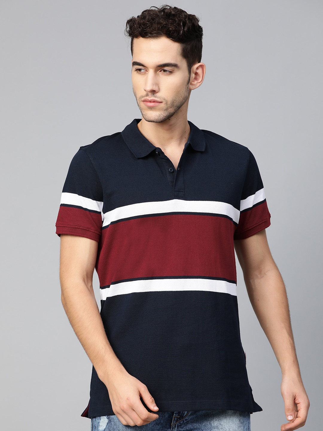 

Roadster Men Navy Blue Burgundy Striped Polo Collar Pure Cotton T-shirt