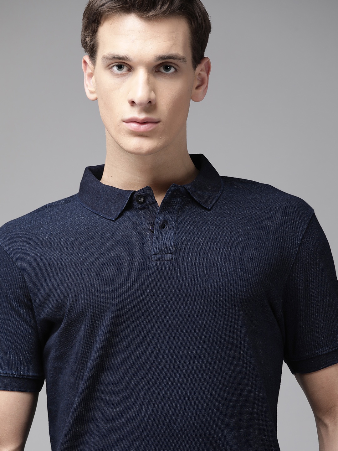 

Roadster Men Navy & Olive Green Striped Polo Collar T-shirt, Navy blue