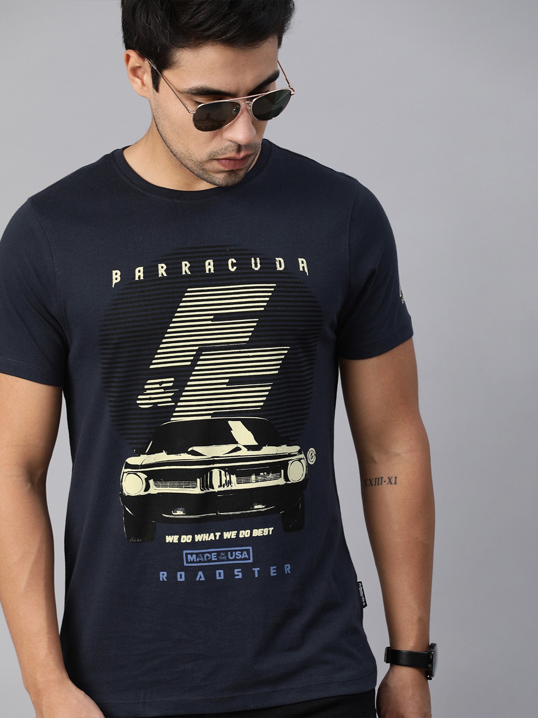 

Roadster Men Fast and Furious Navy Blue Cream-Coloured Printed Round Neck Pure Cotton T-shirt