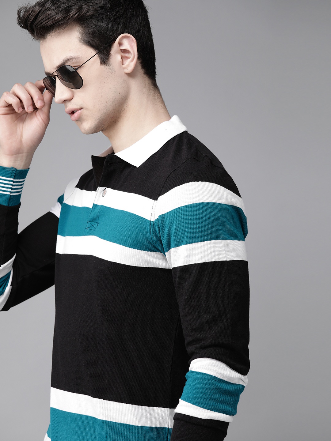 

Roadster Men Black & Teal Blue Striped Pure Cotton Polo Collar T-shirt