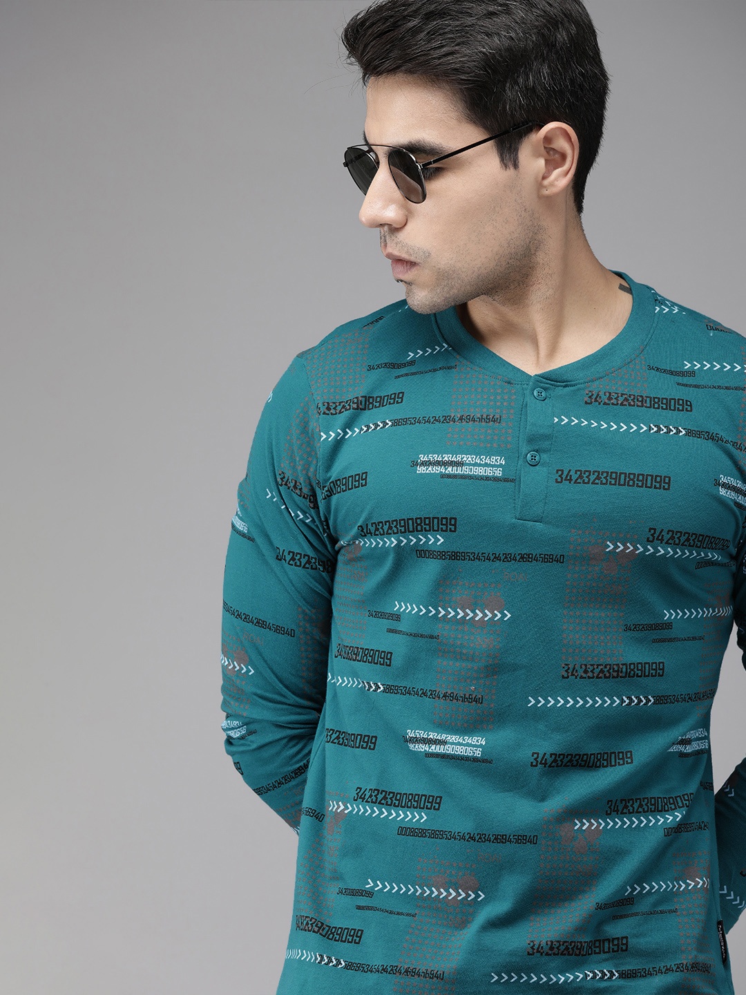 

Roadster Men Blue Printed Henley Neck Pure Cotton T-shirt