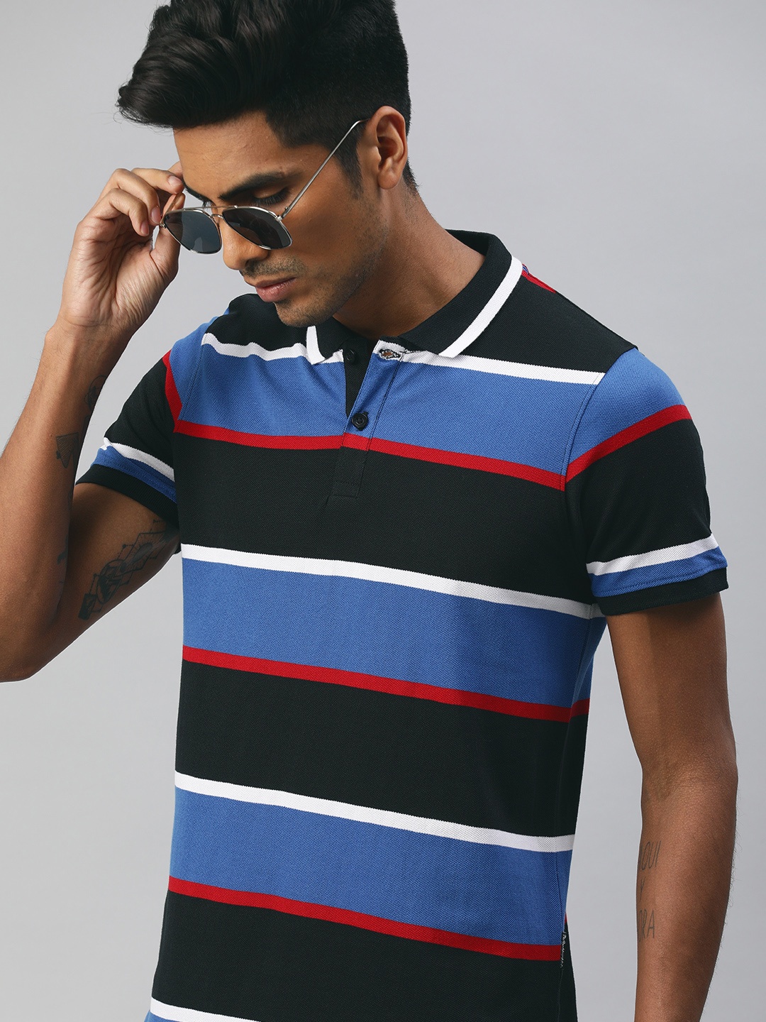 

Roadster Men Blue White Striped Polo Collar Pure Cotton T-shirt