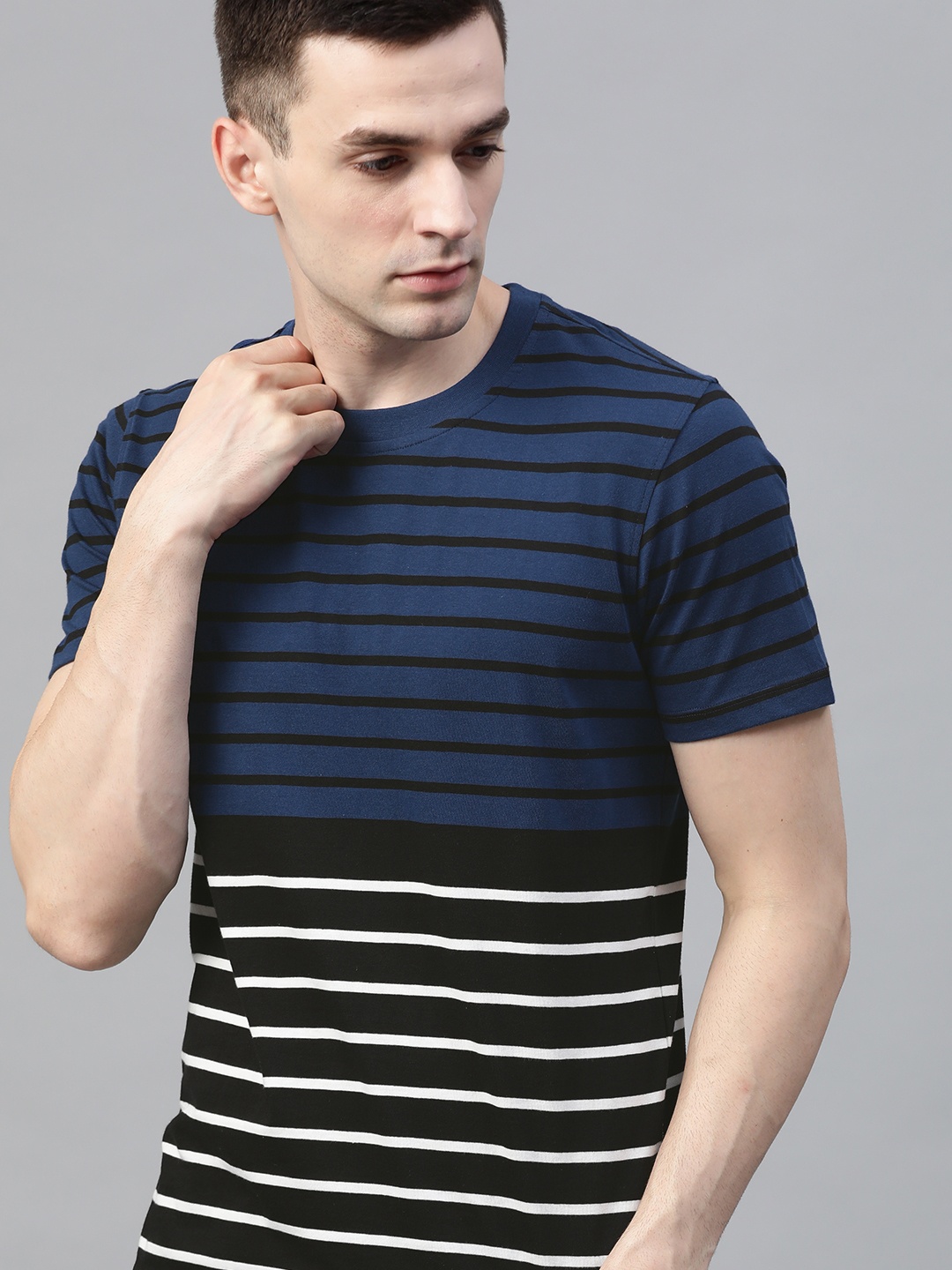 

Roadster Men Navy Blue Black Striped Round Neck Pure Cotton T-shirt