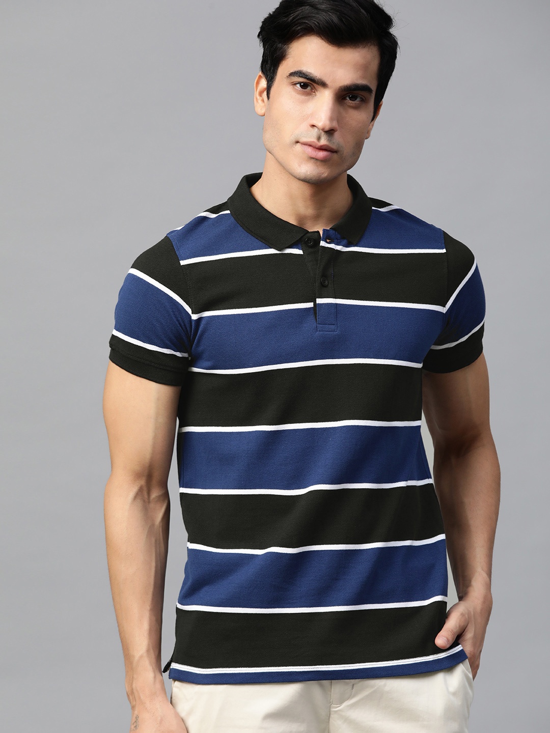 

Roadster Men Blue & Black Striped Polo Collar T-shirt
