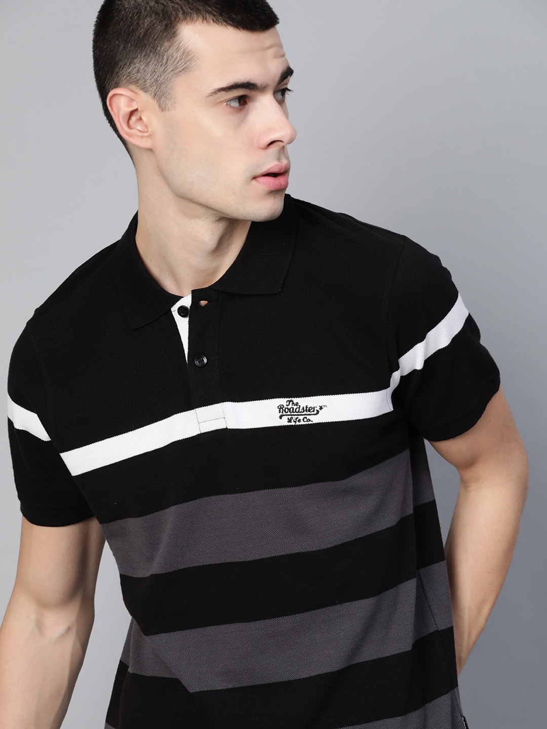 

Roadster Men Black Charcoal Grey Striped Polo Collar Pure Cotton T-shirt