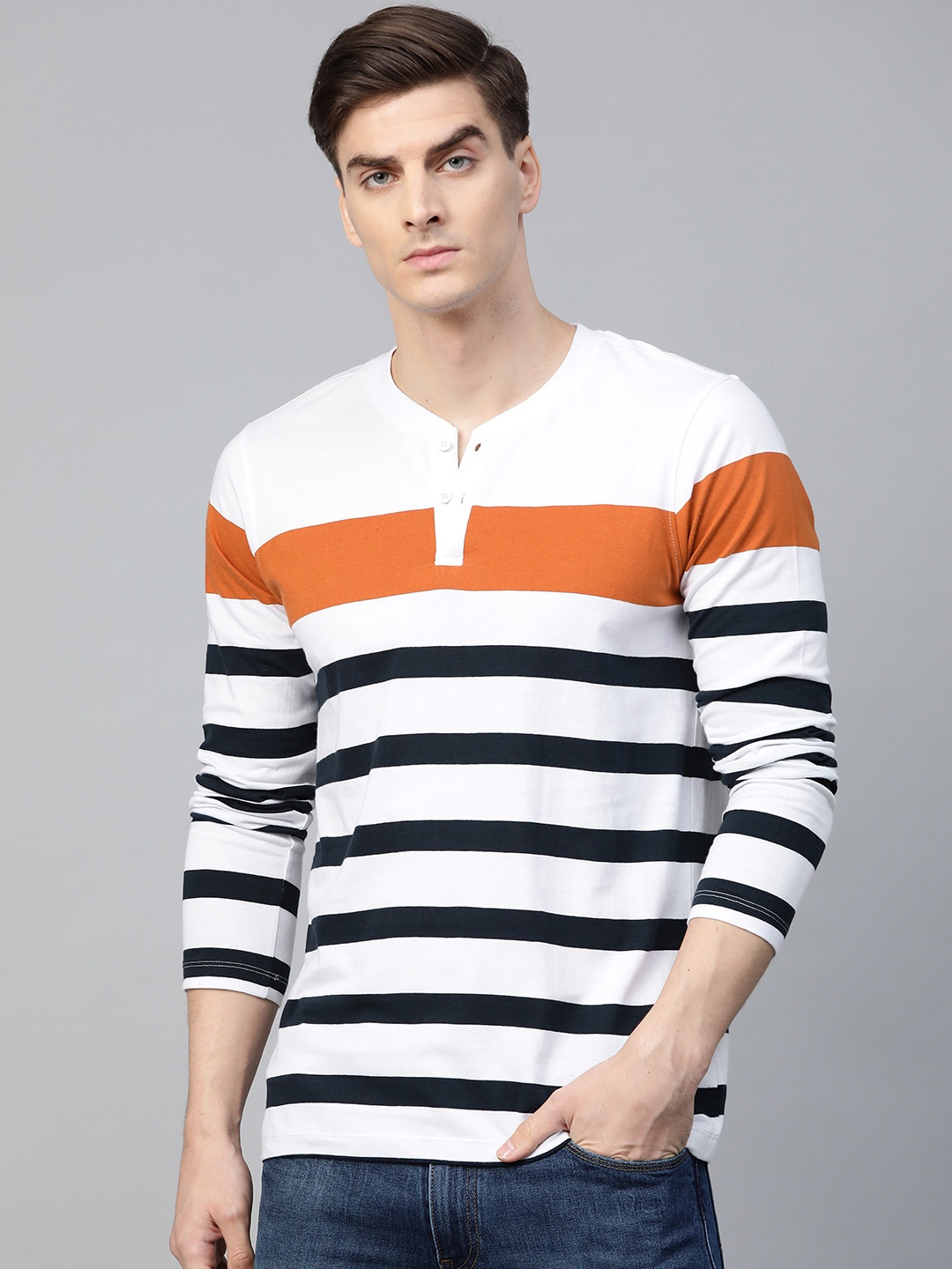 

Roadster Men White & Navy Blue Striped Henley Neck T-shirt