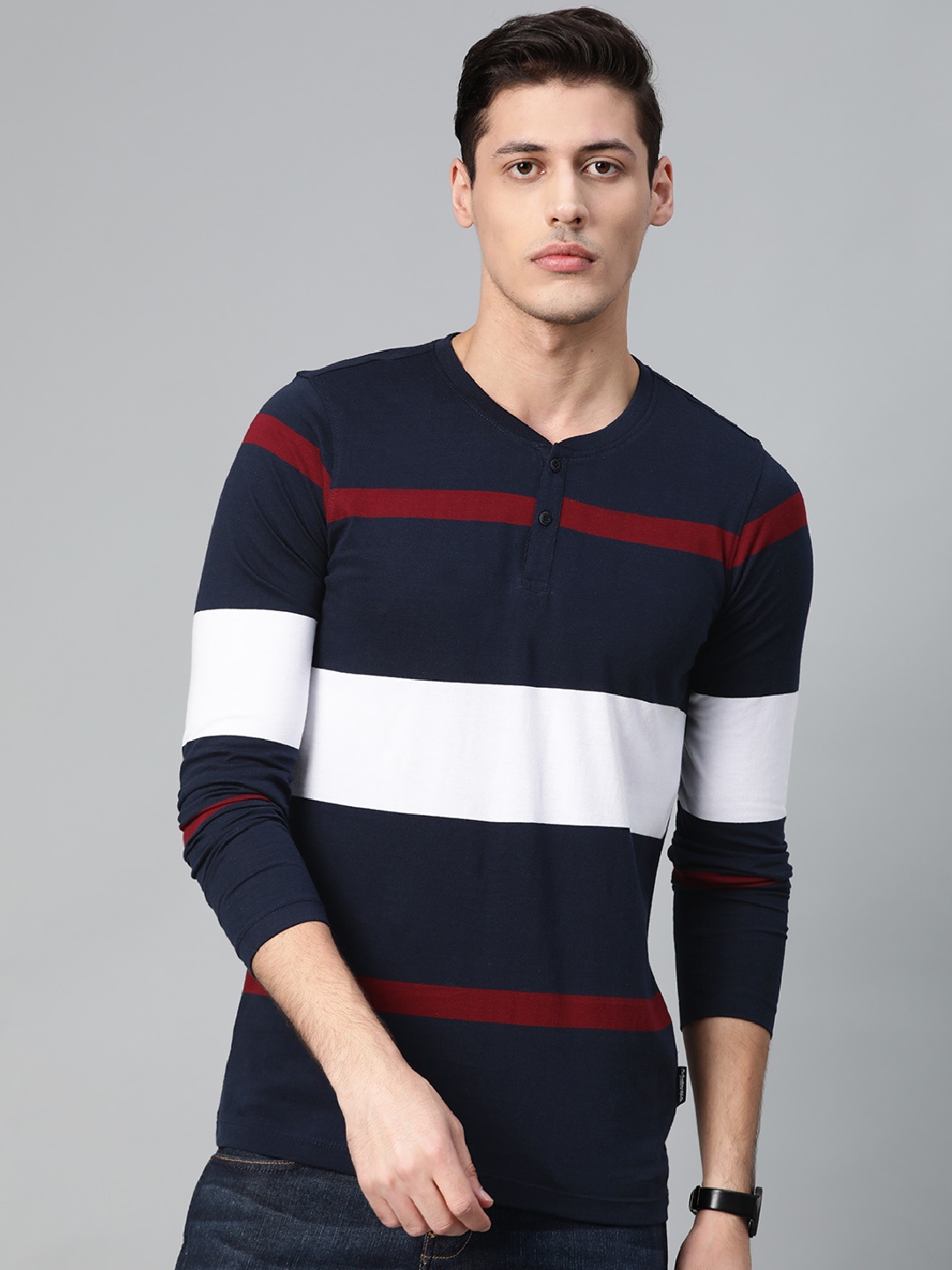 

Roadster Men Navy Blue White Striped Henley Neck Pure Cotton T-shirt
