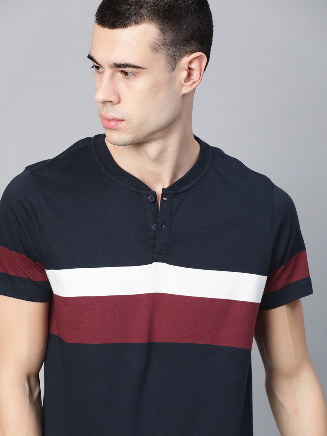 

Roadster Men Navy Blue White Striped Henley Neck Pure Cotton T-shirt