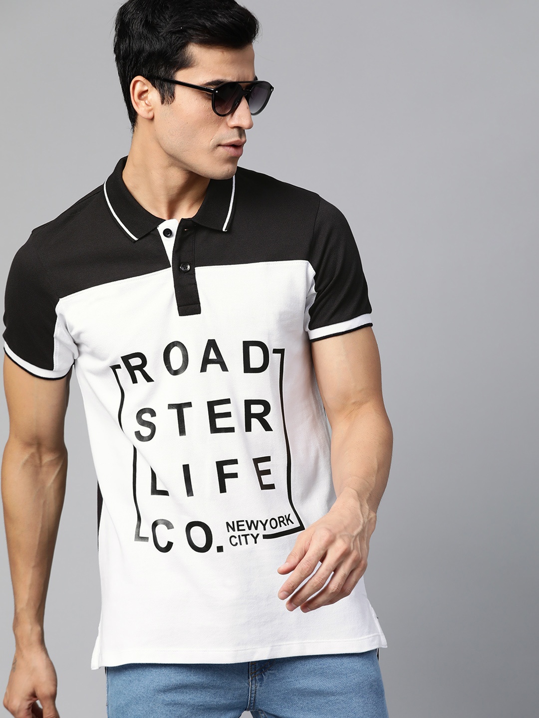 

Roadster Men White & Black Printed Polo Collar T-shirt