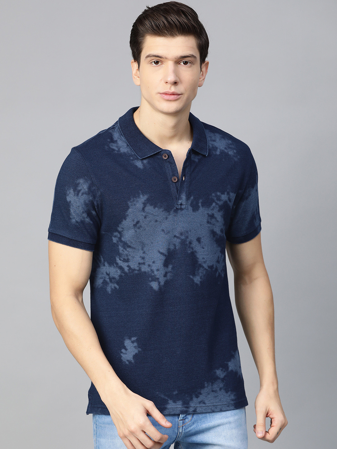 

Roadster Men Indigo Dyed Polo Collar Pure Cotton T-shirt, Navy blue