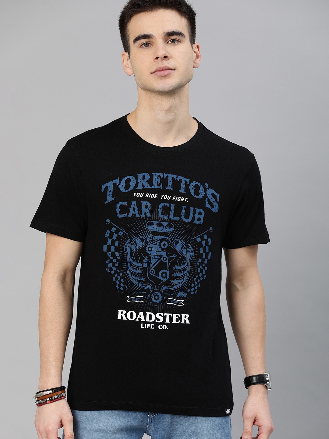 

Roadster Men Black Printed Round Neck Pure Cotton T-shirt