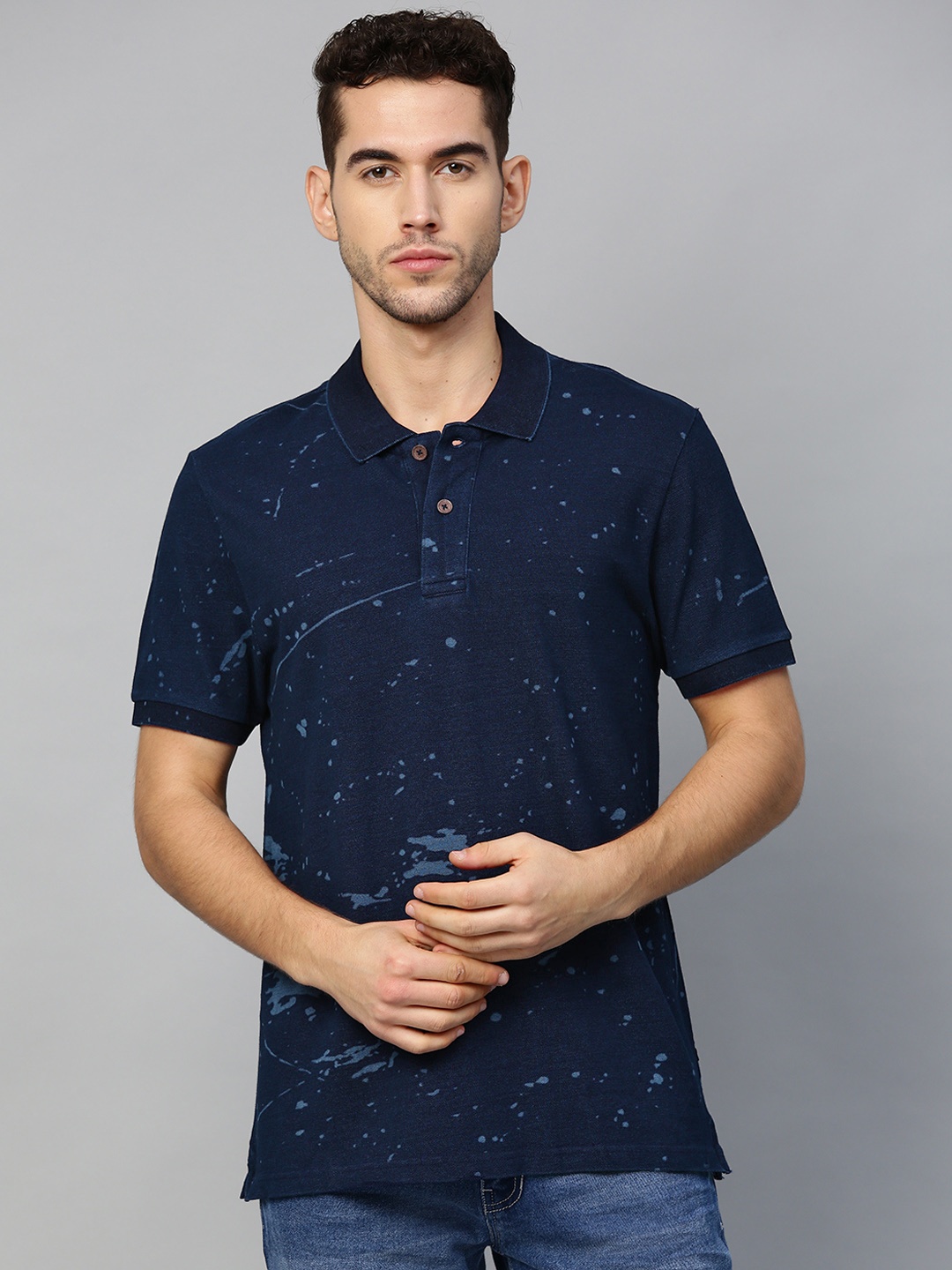

Roadster Men Indigo Dyed Printed Polo Collar T-shirt, Navy blue