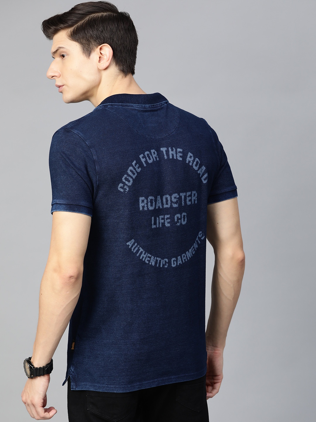 

Roadster Men Indigo Dyed Printed Back Polo Collar Pure Cotton T-shirt, Navy blue