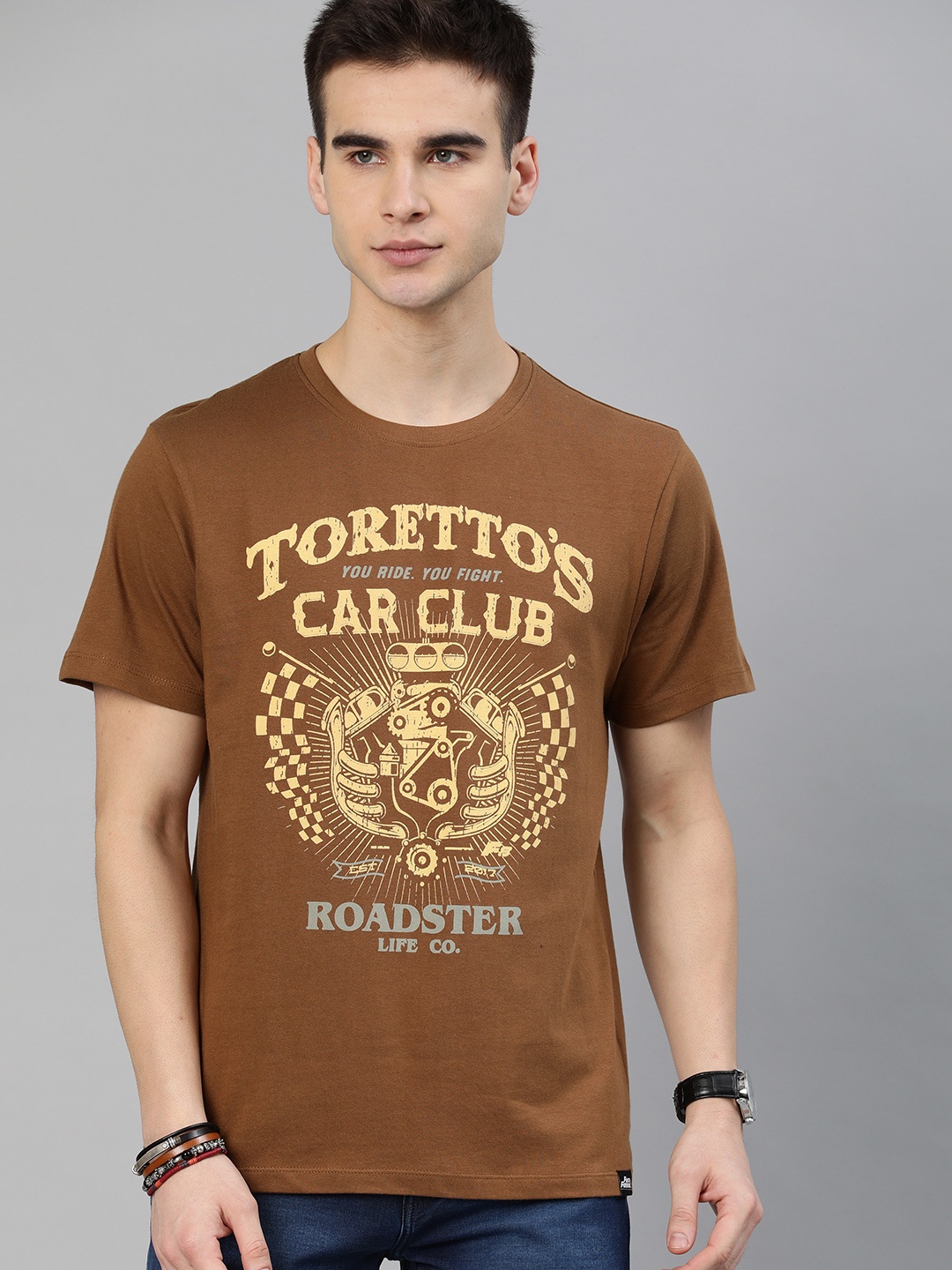 

Roadster Men Brown Printed Round Neck Pure Cotton T-shirt