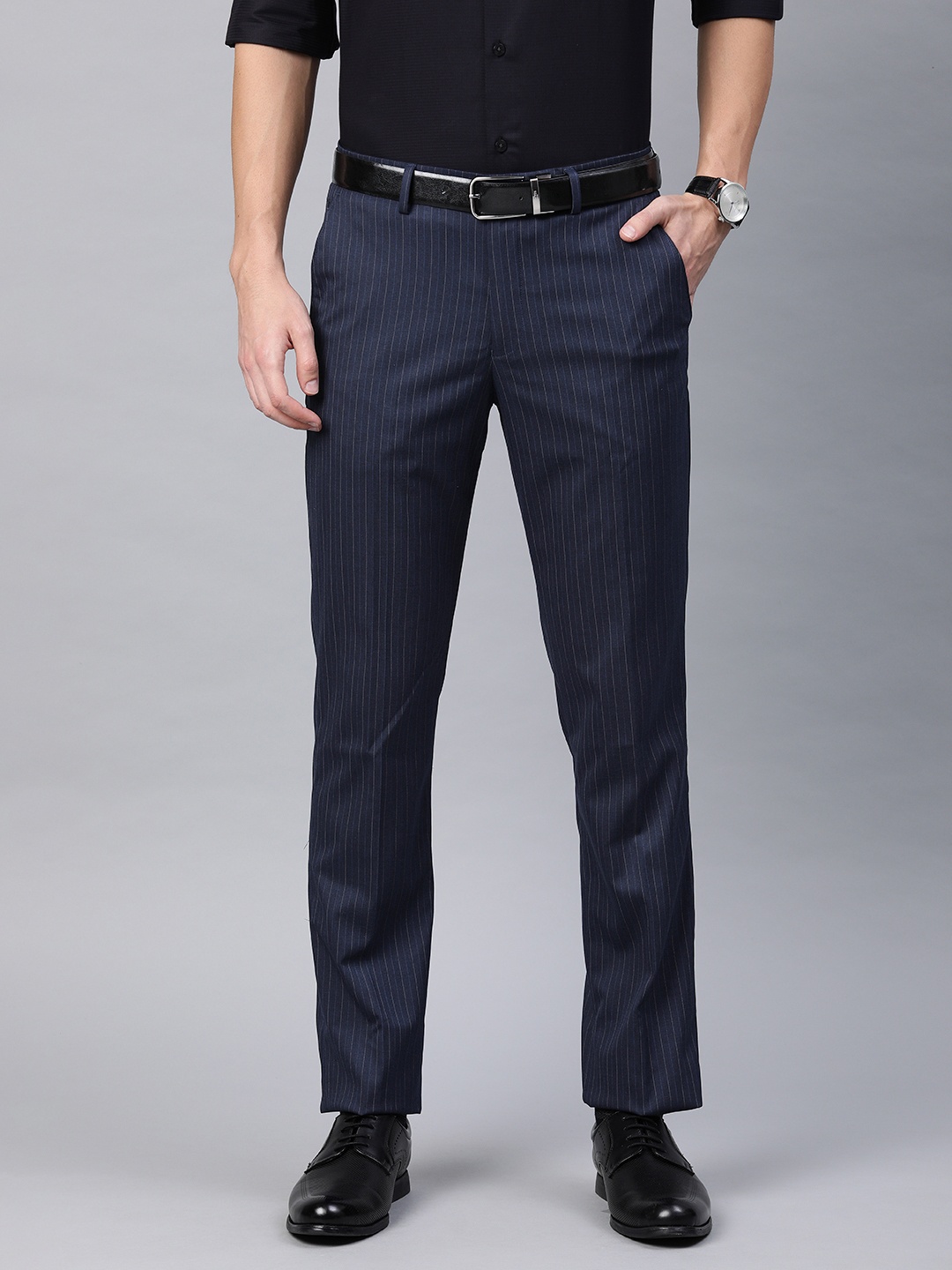 

Louis Philippe Men Navy Blue & Grey Slim Fit Striped Formal Trousers