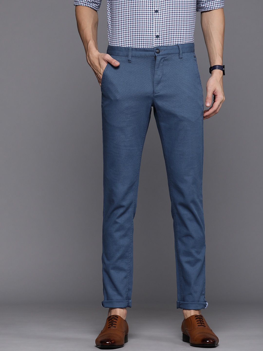 

Louis Philippe Sport Men Teal Blue Super Slim Fit Self Design Chinos