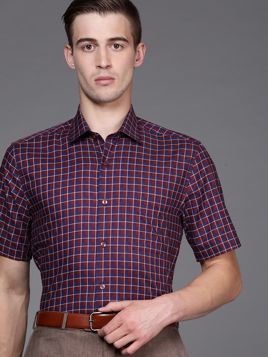 

Louis Philippe Men Red & Navy Blue Slim Fit Checked Formal Shirt