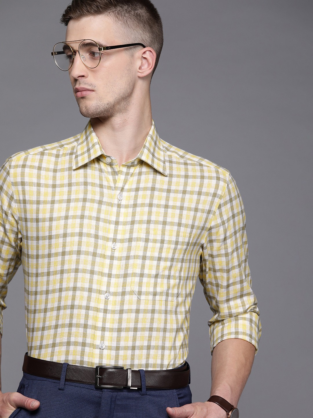 

Louis Philippe Men Yellow & Olive Green Classic Fit Checked Formal Shirt