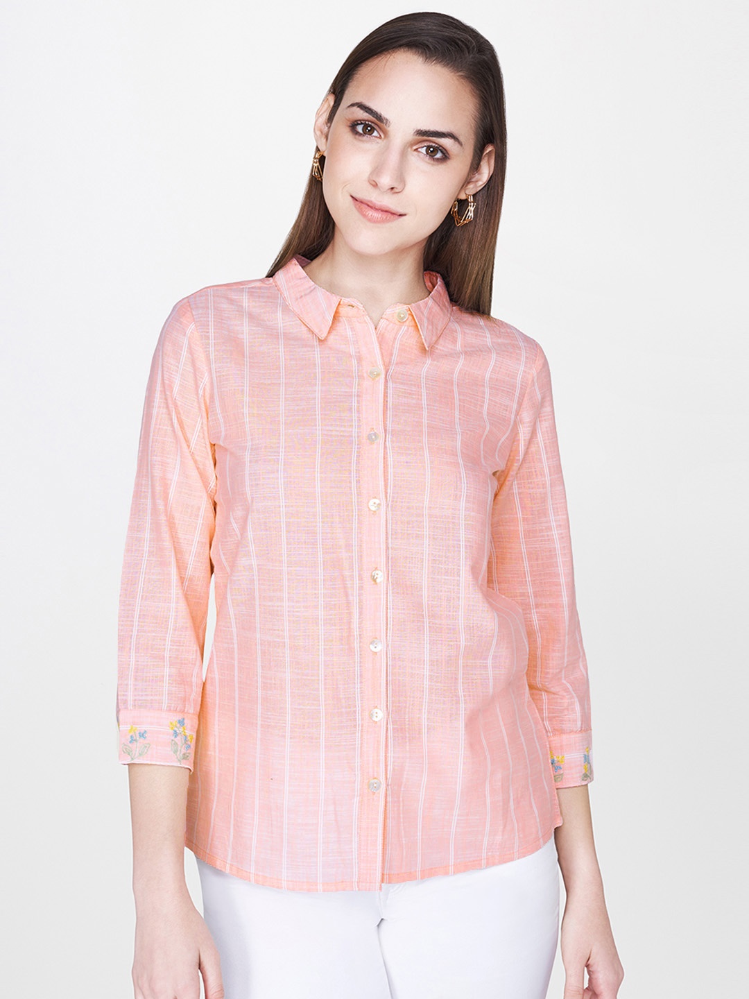 

AND Women Pink & White Striped Regular Fit Casual Shirt