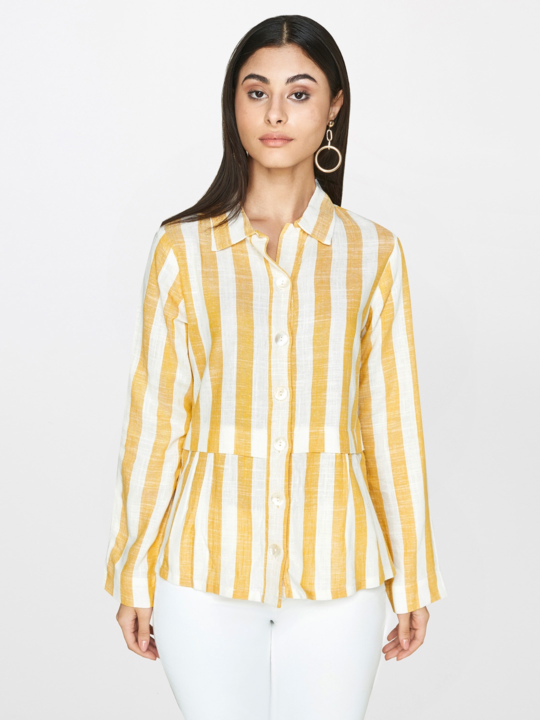 

AND Women Yellow & White Striped Shirt Style Top