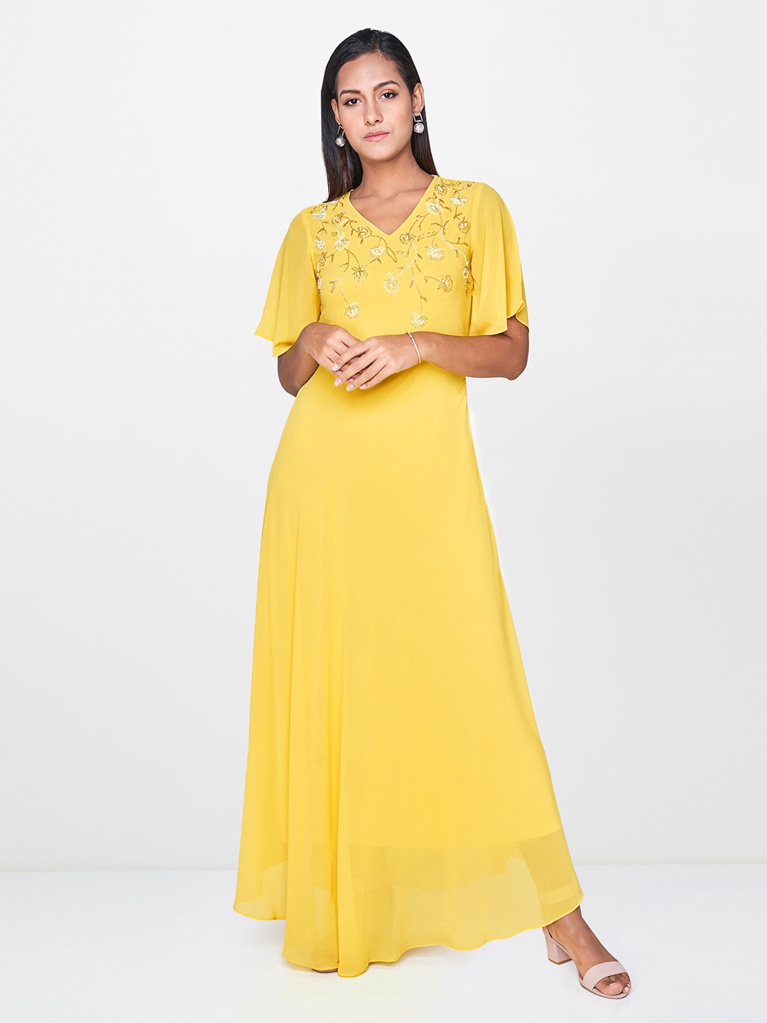 

AND Women Yellow Solid Maxi Dress With Embellished Detail